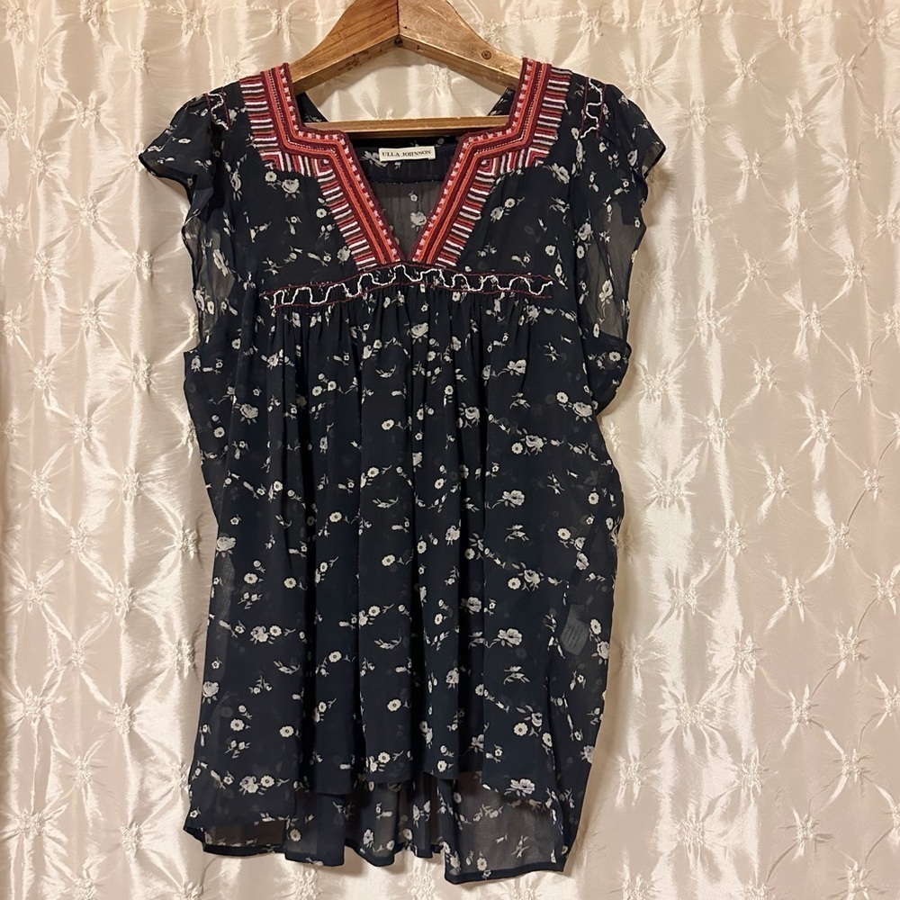 Ulla Johnson Anosha Blouse 100% Silk Ruffle Cap Sleeve Floral Print Top
